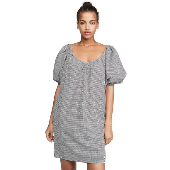 Mara Hoffman Swim Gingham Puff Sleeve Tie Back Mini Dress L Cotton Black White - Picture 2 of 12
